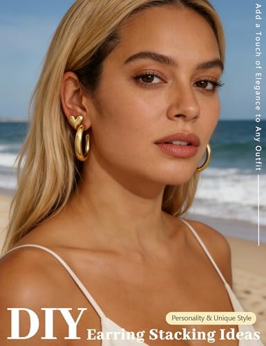 Chunky Gold Hoop Earrings Set for Women, 40 Pairs Gold Plated Lightweight Open Twisted Hoop Earring Multipack, Thick Big Heart Bow Stud Hoops Earring Stack for Gift