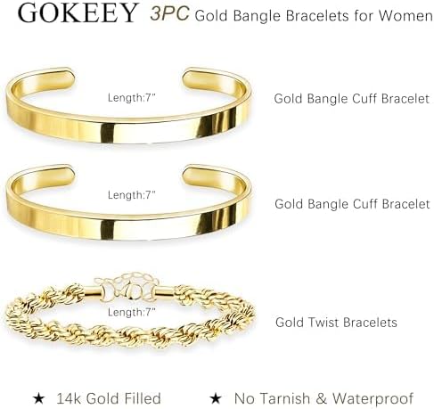 Gold Bracelets for Women Non Tarnish Dainty 14K Gold Plated Bangle Cuff Bracelets Stack for Women,Waterproof Stackable