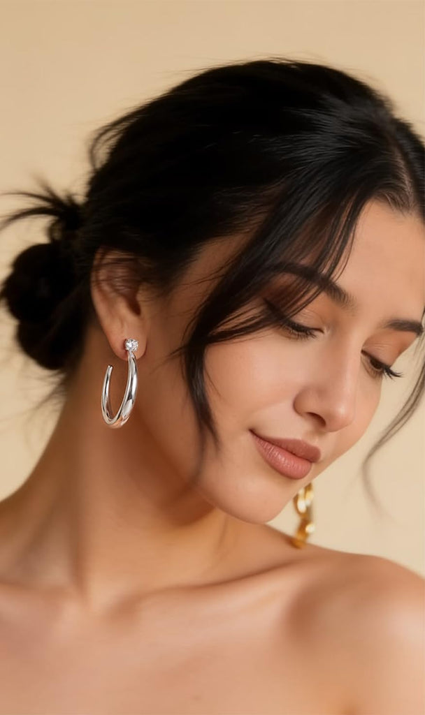 Large Silver Hoop Earrings for Women, 925 Sterling Silver Post Open C Shaped Crescent Silver Hoops with CZ Accent Hides