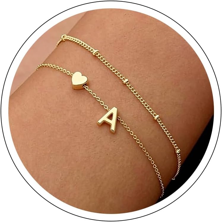 14K Gold Plated Initial Heart Bracelet Women