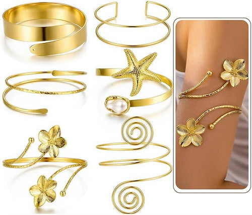 Boho Gold Arm Cuffs — 6 Piece Set, Adjustable Armlets