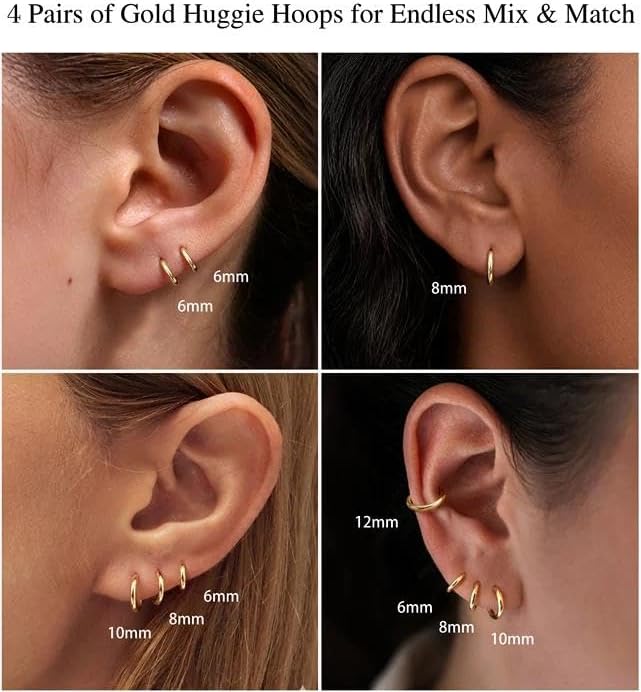 14K Gold Plated Huggie Hoop Earrings — Stacking Set, Hypoallergenic