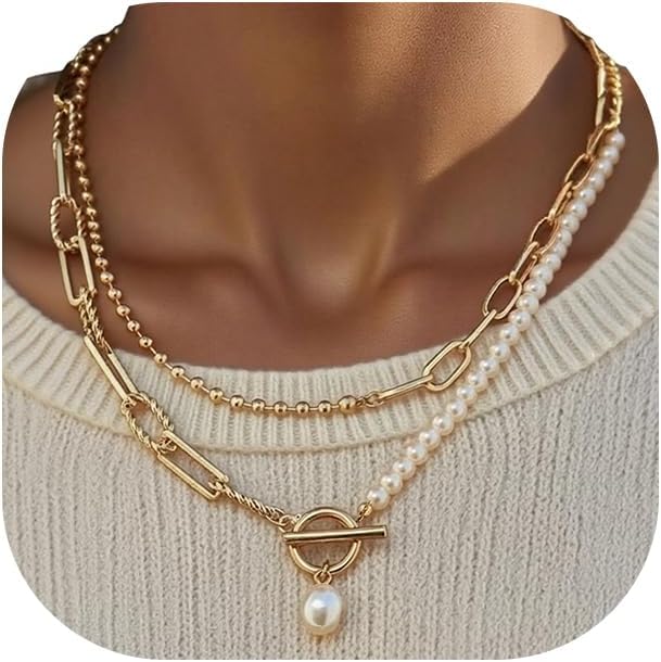 Chunky Pearl Layered Necklace — 14K Gold Plated Toggle