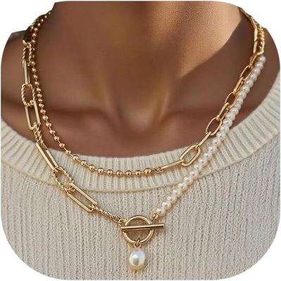 Chunky Pearl Layered Necklace — 14K Gold Plated Toggle