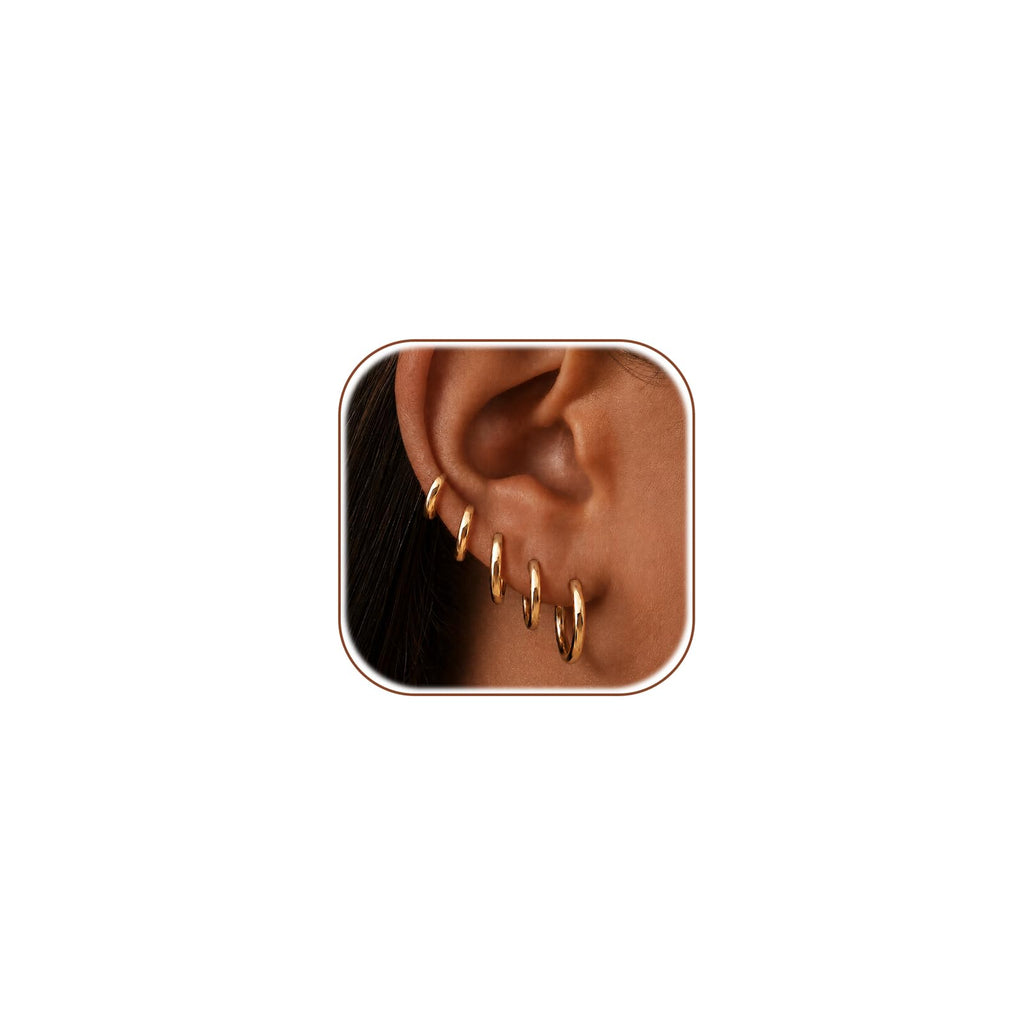 Gold Hoop Earrings — 6 Pairs, 14K Gold Plated Stainless Steel