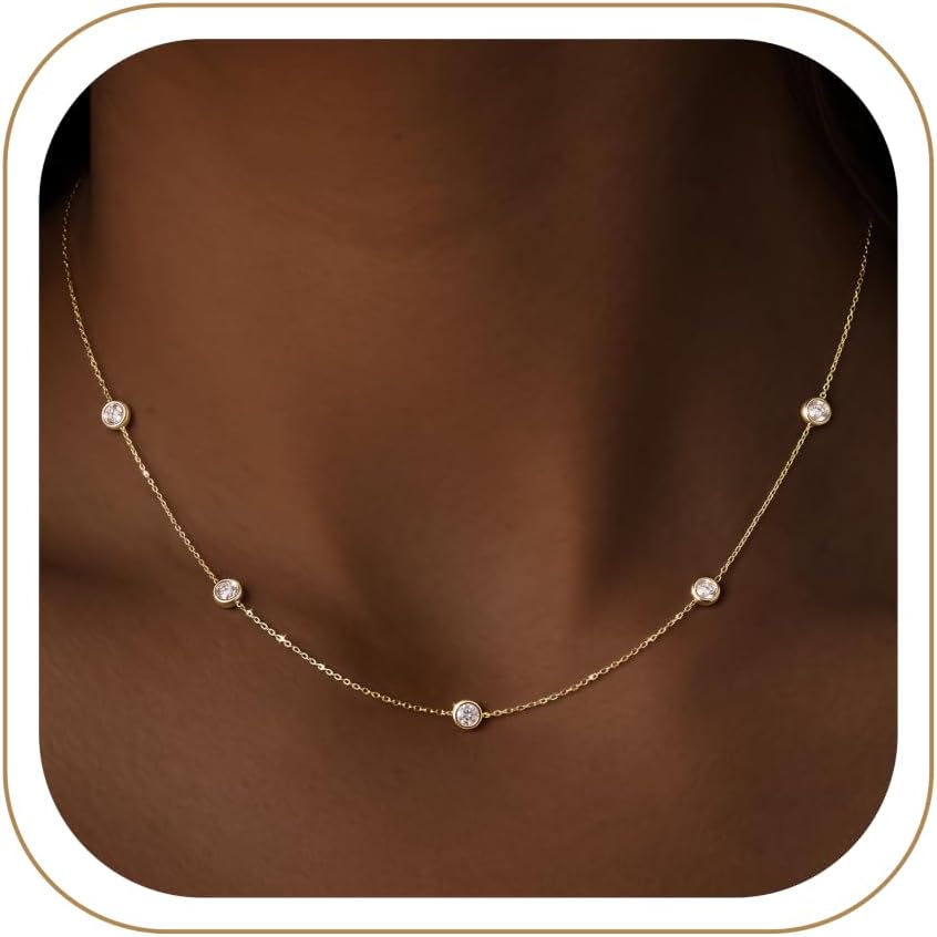 Dainty Gold Silver Necklaces for Women Non Tarnish 14K Gold Plated Cute Station Choker Diamond Clover Pearl Turquoise Beaded Cross Bow Necklace Simple Trendy Layering Chain Link Jewelry Birthday Wedding Party Gifts for Women