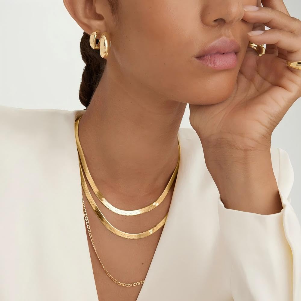 14K Gold Plated Herringbone Necklaces for Women, Non-Tarnish