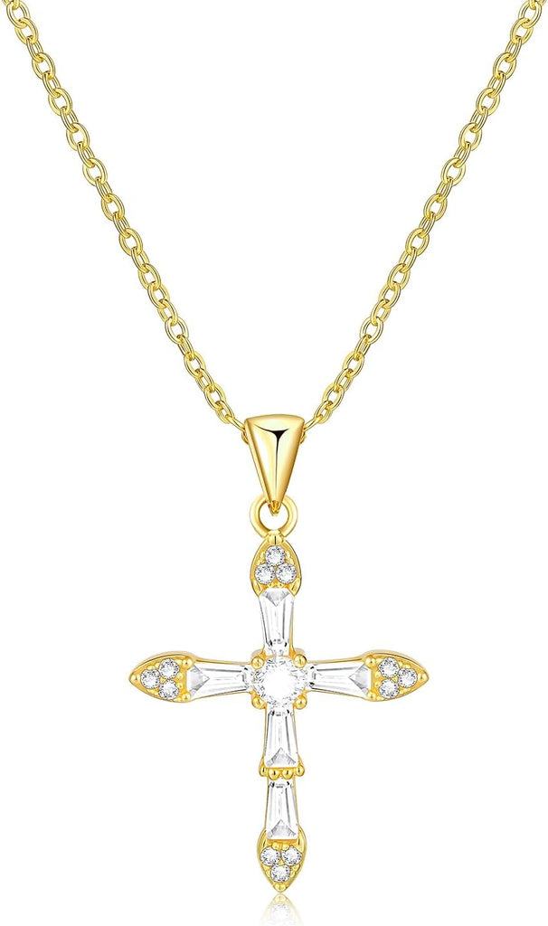Gold Diamond Cross Necklace for Women, 14K Gold Plated