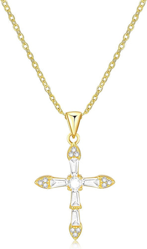Gold Diamond Cross Necklace for Women, 14K Gold Plated