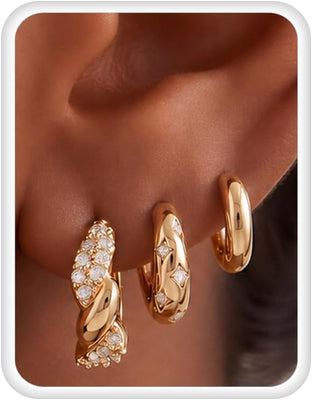 Small Chunky Gold Hoop Earrings — 3 Pairs