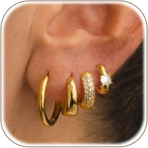 Gold Hoop Earrings Set for Women, 14K Gold Plated Hypoallergenic Huggie