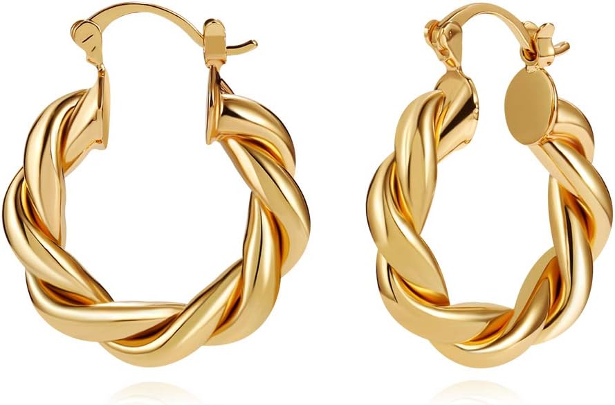 Twisited Gold Chunky Hoop Earrings For Women, 14K Gold Plated