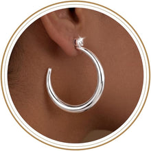 将图片加载到图库查看器，Large Silver Hoop Earrings for Women, 925 Sterling Silver Post Open C Shaped Crescent Silver Hoops with CZ Accent Hides