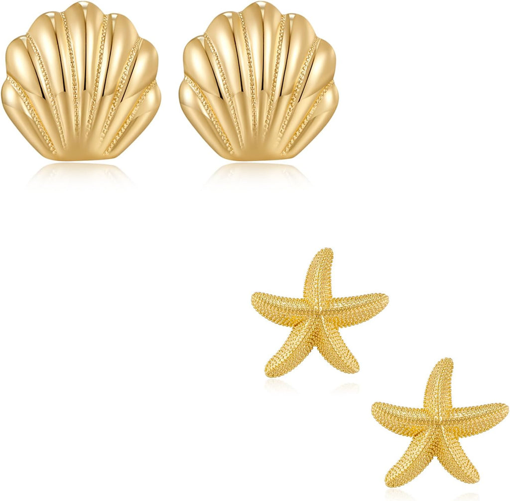 Seashell Earrings And Starfish Earrings In Gold