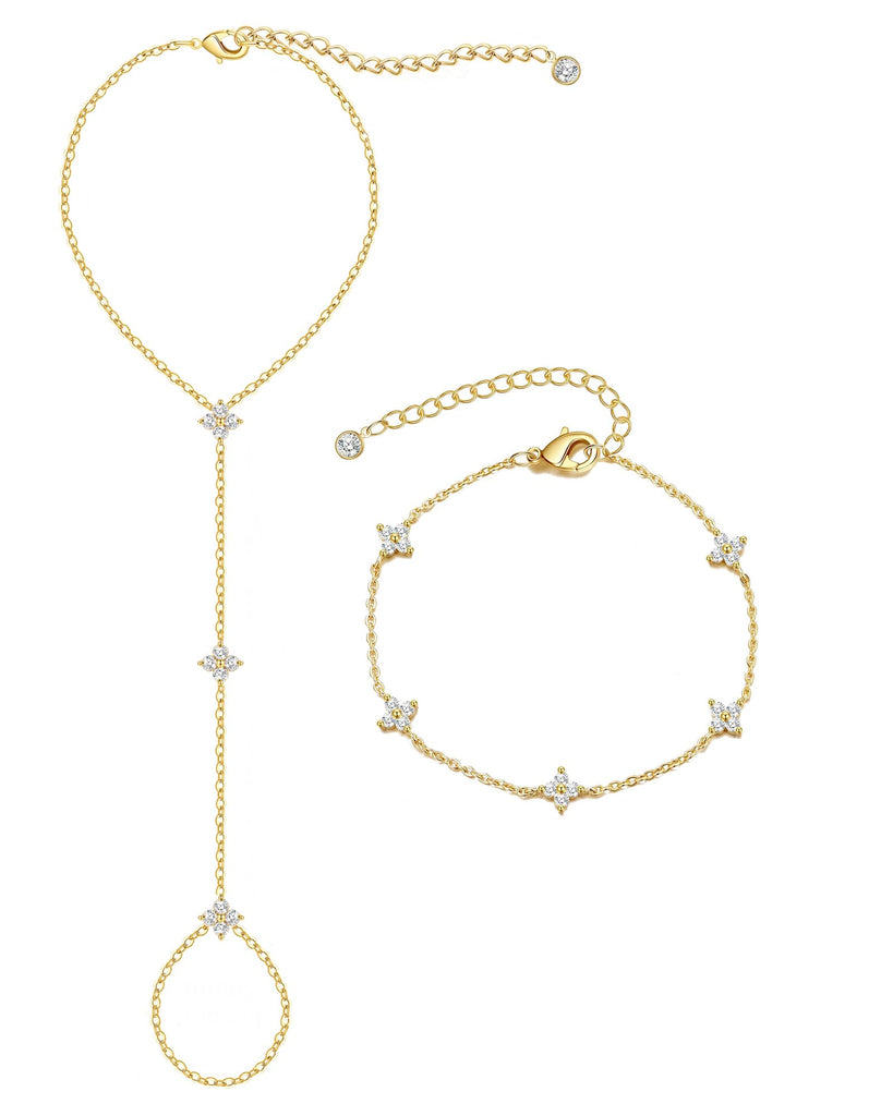 3PCS 14K Gold-Plated Hand Chain Bracelets for Women, Stack Bracelets Set Adjustable, Trendy Dainty Ring Bracelet Hand Chain