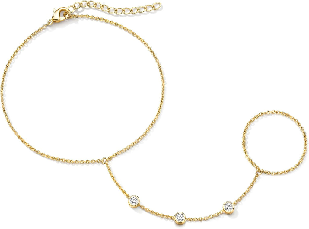 Dainty Gold Hand Chain — Cubic Zirconia Ring Bracelet
