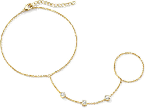 Dainty Gold Hand Chain — Cubic Zirconia Ring Bracelet