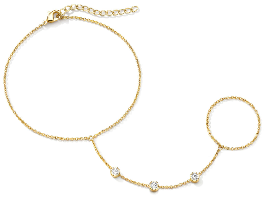 Dainty Gold Hand Chain — Cubic Zirconia Ring Bracelet