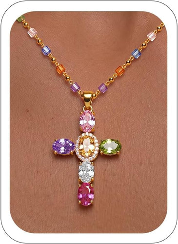 14K Gold Plated Colorful CZ Cross Necklace for Women
