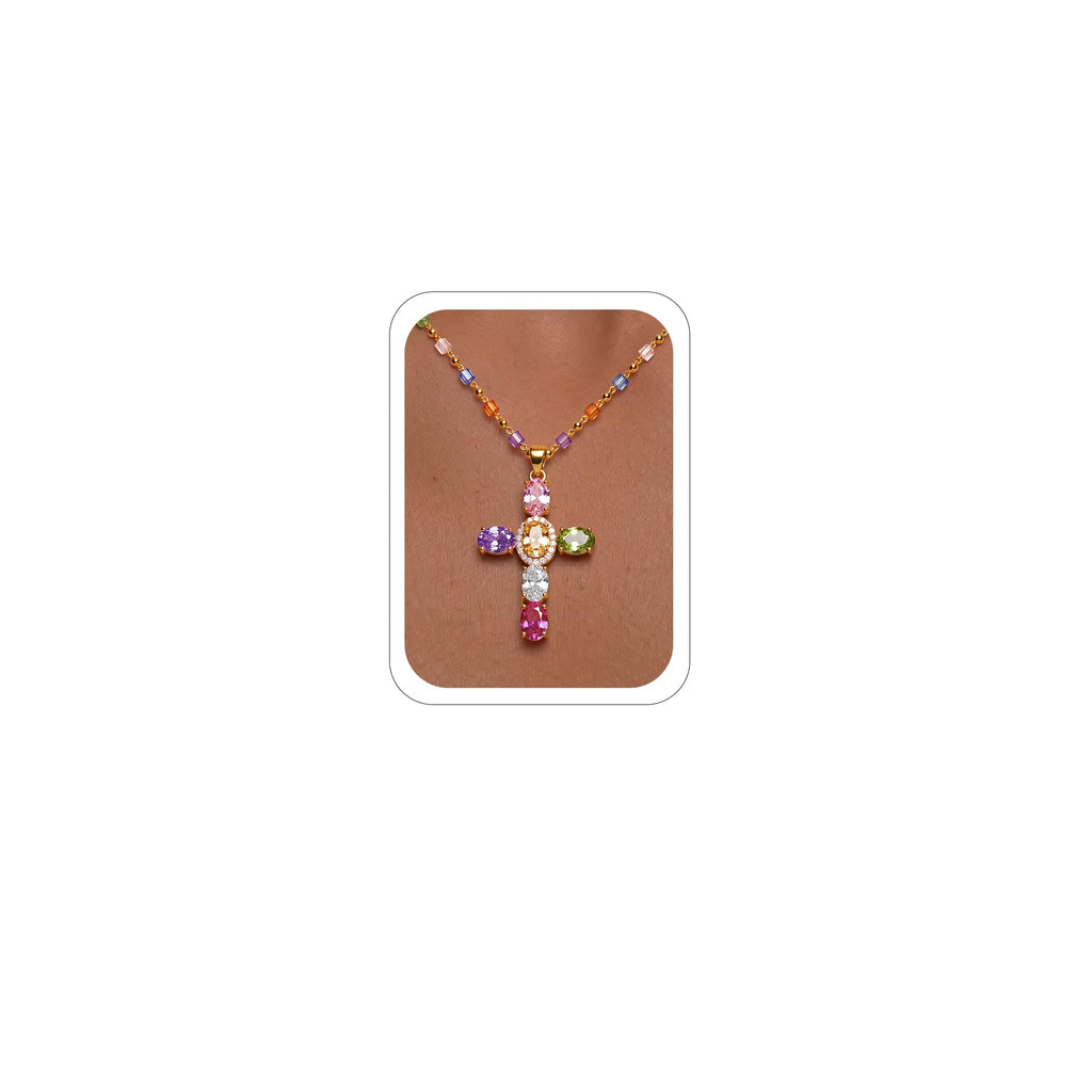 14K Gold Plated Colorful CZ Cross Necklace for Women – view 7