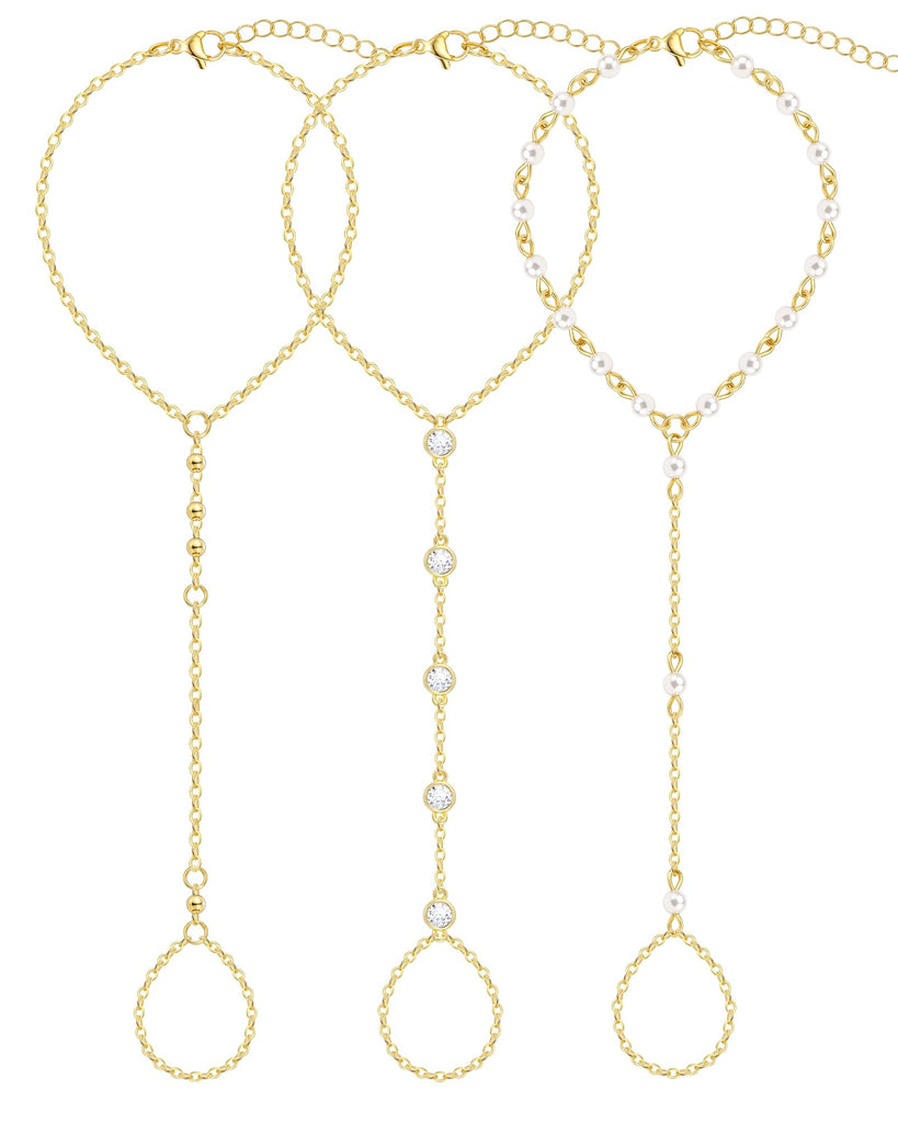 3PCS 14K Gold-Plated Hand Chain Bracelets for Women, Stack Bracelets Set Adjustable, Trendy Dainty Ring Bracelet Hand Chain