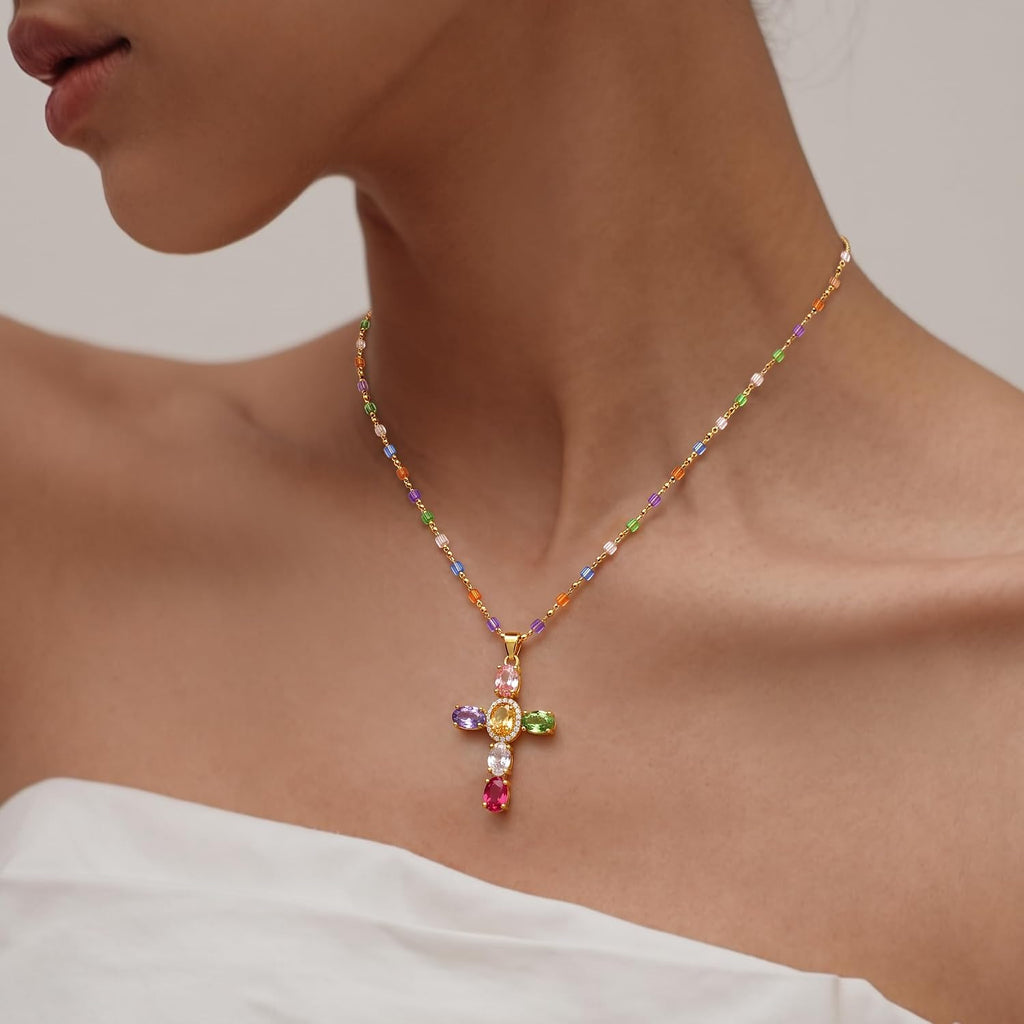 14K Gold Plated Colorful CZ Cross Necklace for Women – view 3