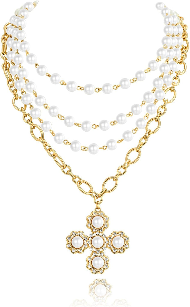 Gothic Gold Cross For Women Pearl Layered Necklaces