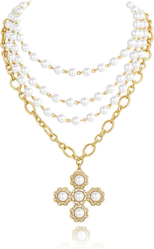 Gothic Gold Cross For Women Pearl Layered Necklaces