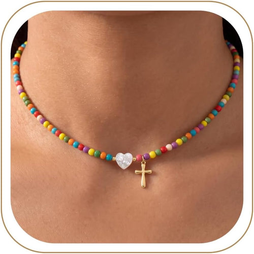 Colorful Beaded Cross Pendant Necklace, Trendy Heart Choker