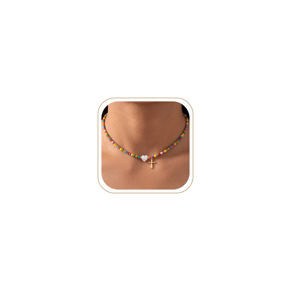 Colorful Beaded Cross Pendant Necklace, Trendy Heart Choker – view 7