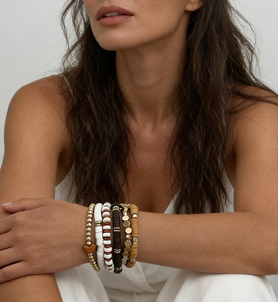 13pcs Boho Brown Gold Beaded Stretch Bracelets for Women, Heishi Clay Surfer Stackable Bracelet Stacks Summer Beach Jewelry