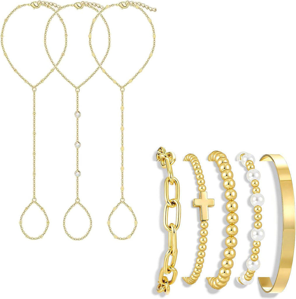 Gold Hand Chain Bracelets — 8 Pieces, Adjustable
