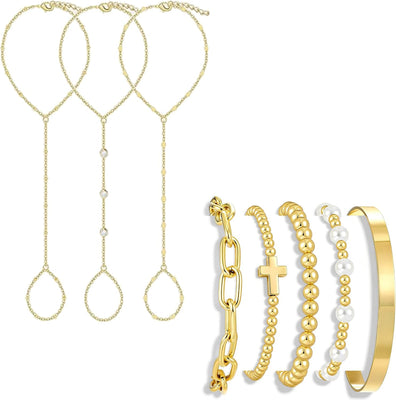 Gold Hand Chain Bracelets — 8 Pieces, Adjustable