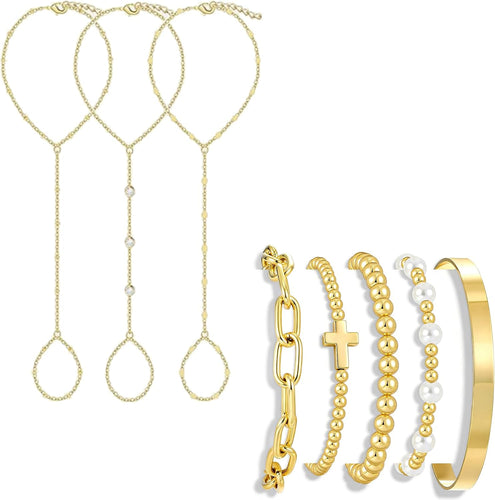 Gold Hand Chain Bracelets — 8 Pieces, Adjustable