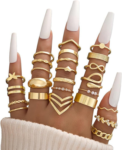 25 Pcs Gold Stackable Ring Set for Women, Chunky Knuckle Finger Midi Rings, Silver Simple Stacking Cute Rings Pack Trendy Stuff Jewelry Gift