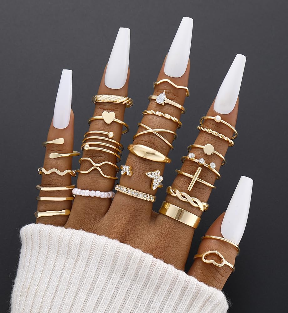 25 Pcs Gold Rings Set for Women, Thin Stackable Knuckle Finger Midi Rings, Simple Stacking Cute Ring Pack Trendy Stuff Jewelry Gift