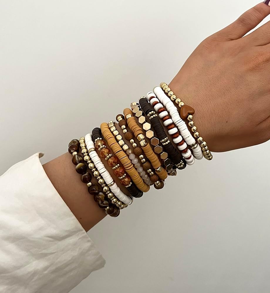 13pcs Boho Brown Gold Beaded Stretch Bracelets for Women, Heishi Clay Surfer Stackable Bracelet Stacks Summer Beach Jewelry
