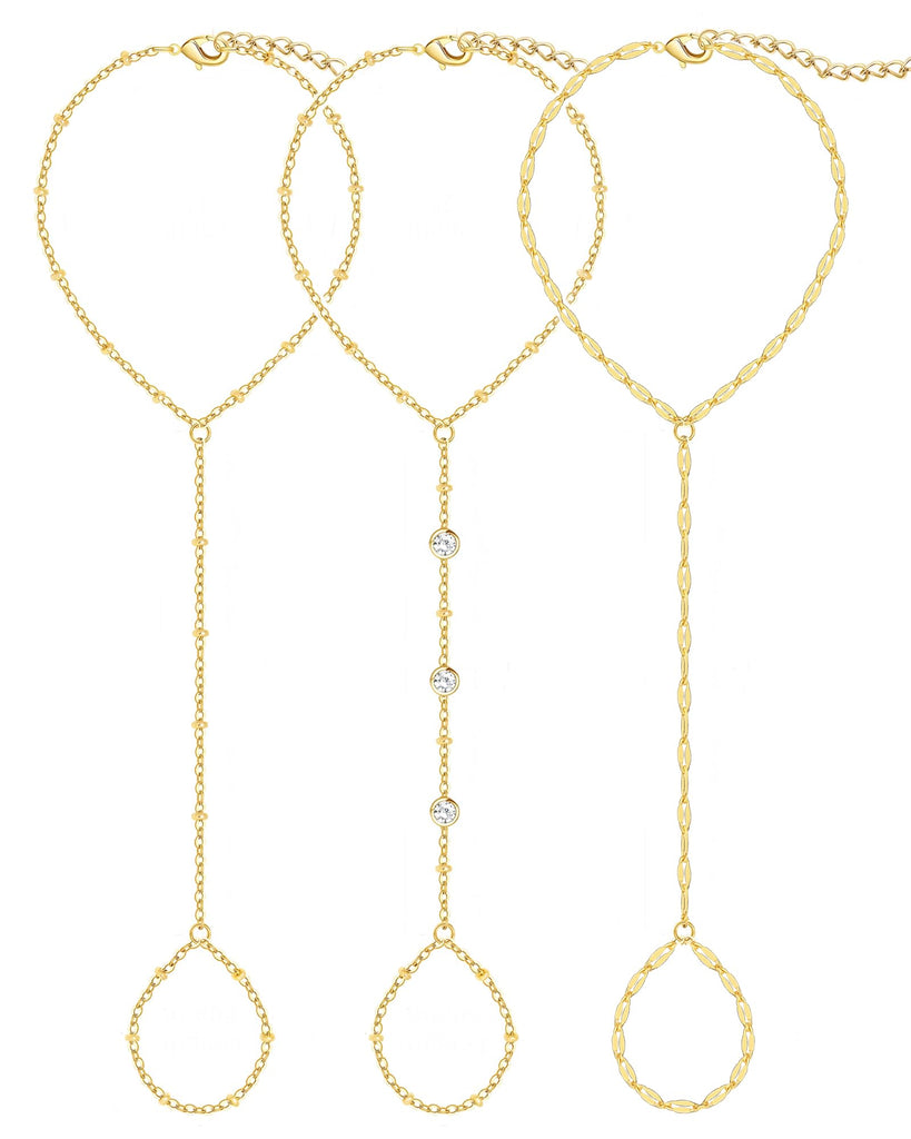 3PCS 14K Gold-Plated Hand Chain Bracelets for Women, Stack Bracelets Set Adjustable, Trendy Dainty Ring Bracelet Hand Chain