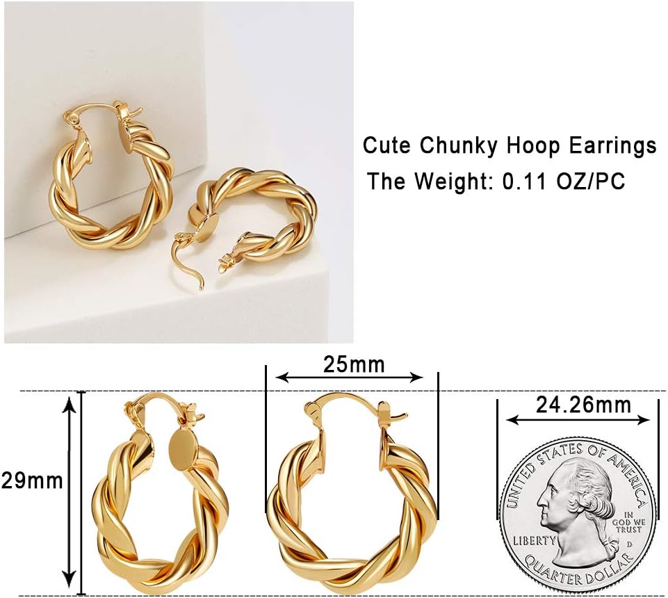 Twisited Gold Chunky Hoop Earrings For Women, 14K Gold Plated – view 6