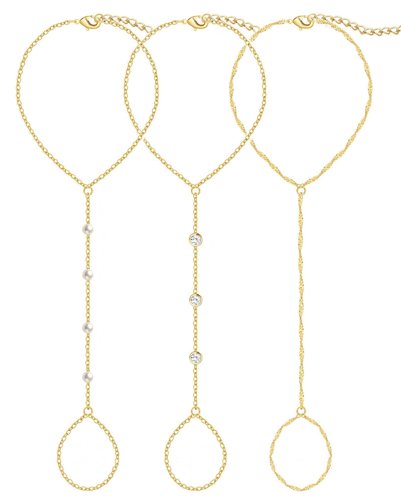 Gold Hand Chain Bracelets — 3 Pieces, 14K Plated Set