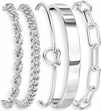 将图片加载到图库查看器，Sterling Silver Cuff Bangle Bracelet Set for Women , S925 Silver Chunky Cuban Link
