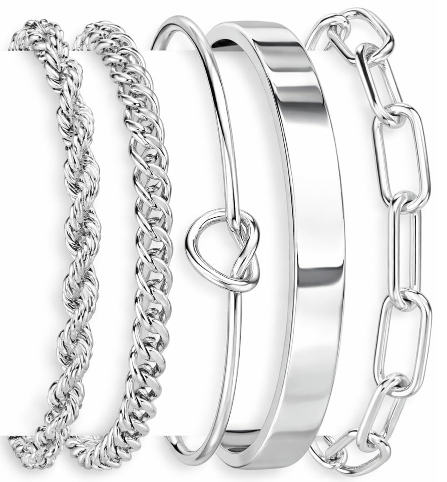 Sterling Silver Cuff Bangle Bracelet Set for Women , S925 Silver Chunky Cuban Link – view 9