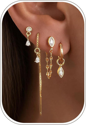 Gold Chain Earrings for Women, 14k Gold Plated Drop Dangle Earrings Stack, Trendy Cubic Zirconia Huggie Hoop Earring, Hypoallergenic Cartilage Earrings for Multiple Piercing Fashion Jewelry
