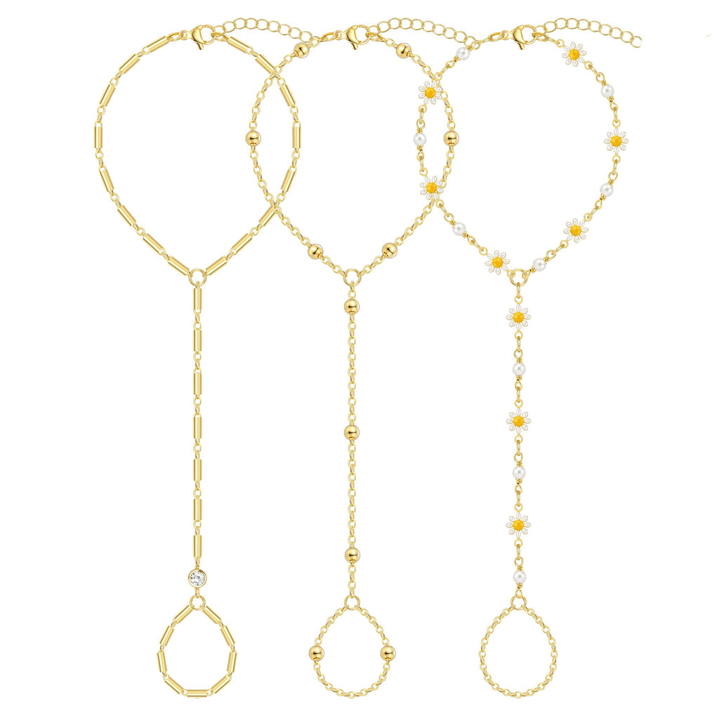 3PCS 14K Gold-Plated Hand Chain Bracelets for Women, Stack Bracelets Set Adjustable, Trendy Dainty Ring Bracelet Hand Chain