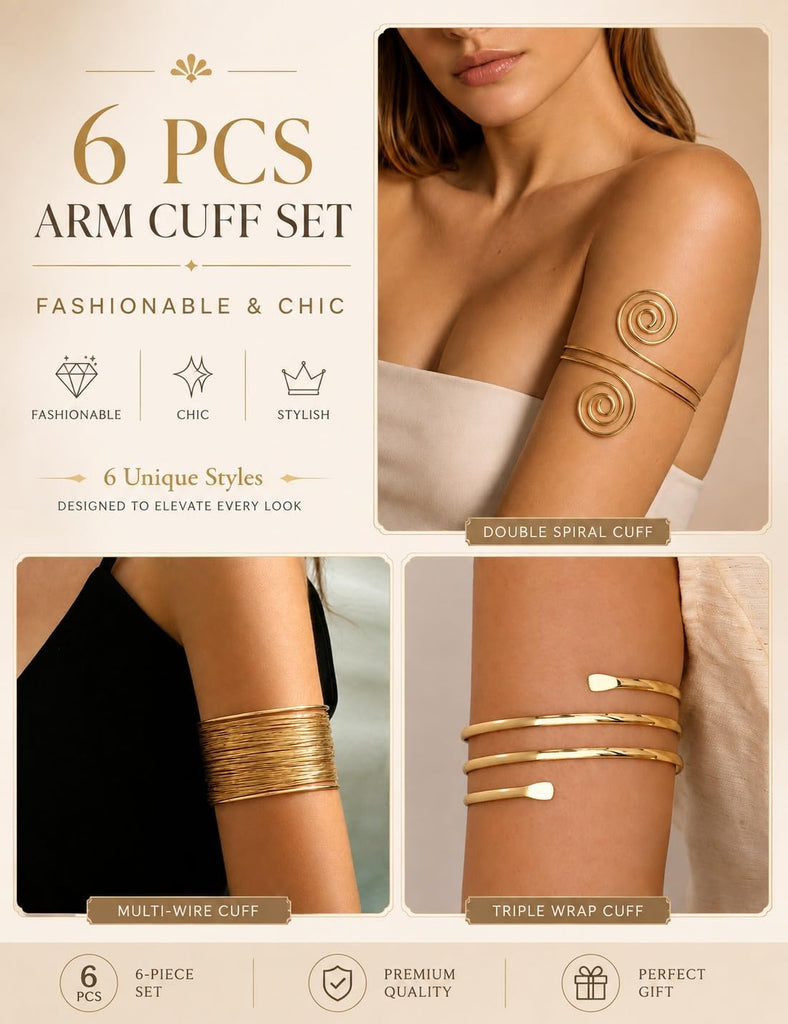 Gold Arm Cuff Set — 6 Pieces, Adjustable Upper Arm Bangles