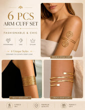 Load image into Gallery viewer, Gold Arm Cuff Set — 6 Pieces, Adjustable Upper Arm Bangles