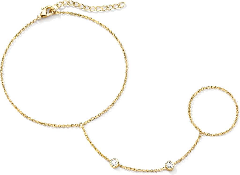 Dainty Gold Ring Hand Chain Cubic Zirconia Bracelet Trendy 14K Gold Plated Hand Chains Bracelet for Women Simple Body