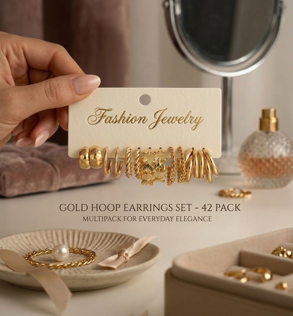 42 Pairs Gold Hoop Earrings for Women, Chunky Pearl Twisted Hypoallergenic – view 6
