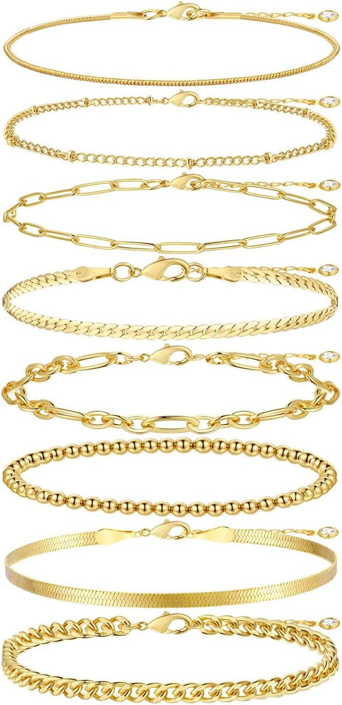 Gold Bracelets Set for Women Trendy, 14K Real Gold Plated Jewelry for Women Dainty Chain Bracelet Stack, Non Tarnish Gold Stackable Bracelets Pack Fashion Accessories Gifts