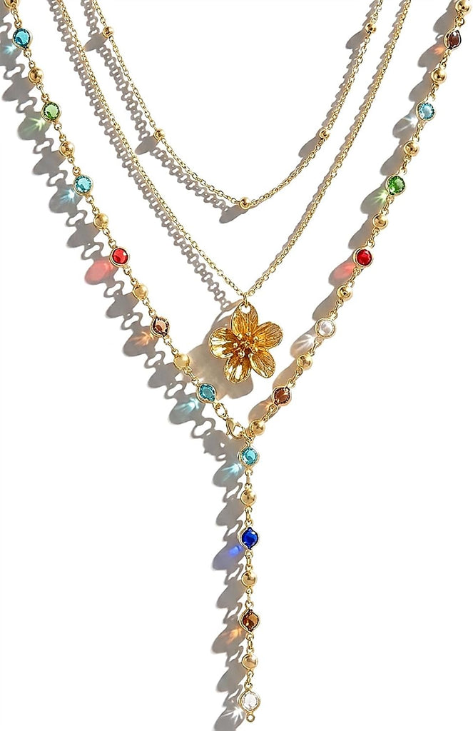 Layered Gold Colorful Necklaces for Women, 14K Gold Plated, Adjustable